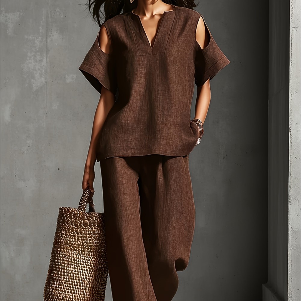 Linen Pant Wide - Женский однотонный льняной комплект из двух