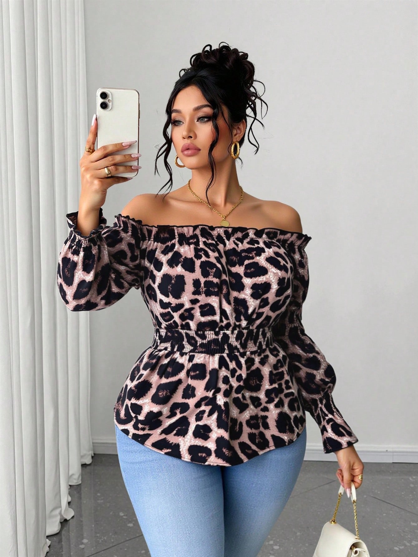 Blouse Off Shoulder - Женская блузка больших размеров с леопардовым